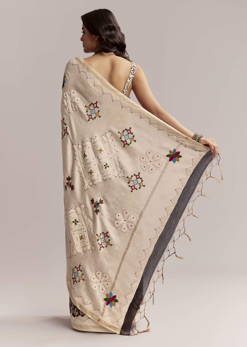 Black Linen Printed Saree With Heritage Floral Ajrakh Print