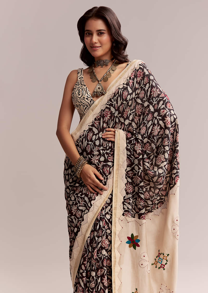 Black Linen Printed Saree With Heritage Floral Ajrakh Print