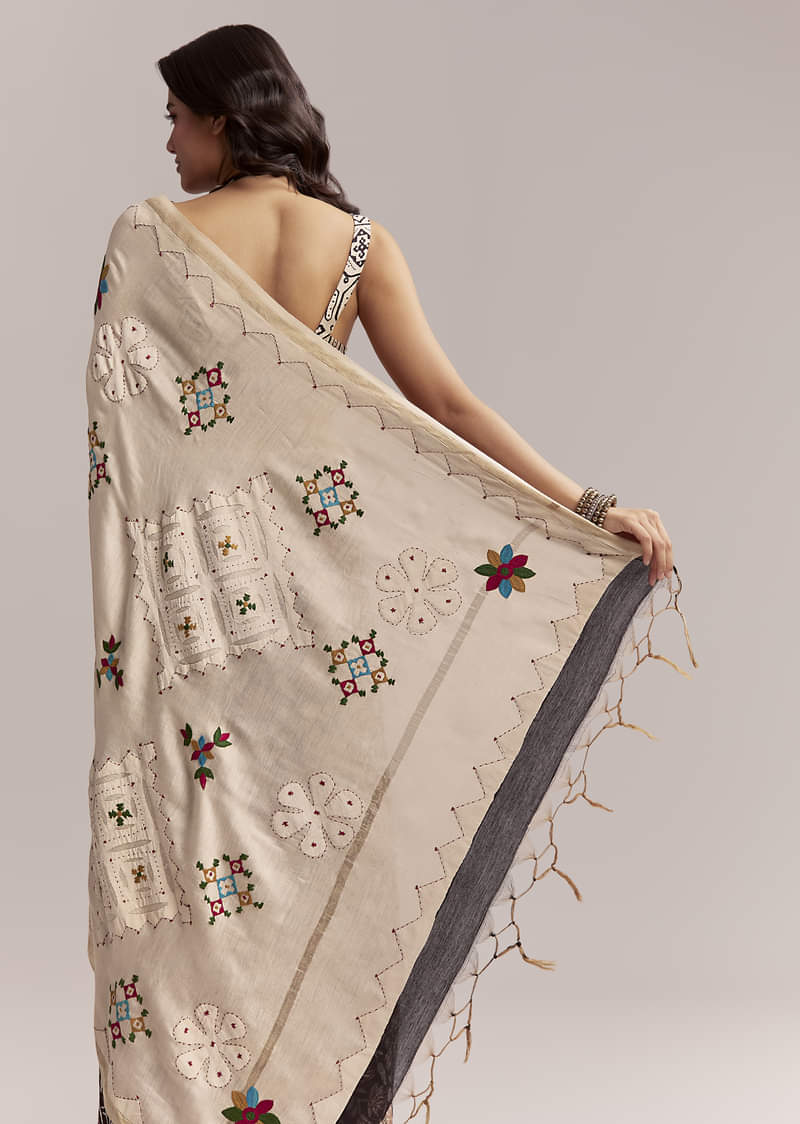 Black Linen Printed Saree With Heritage Floral Ajrakh Print
