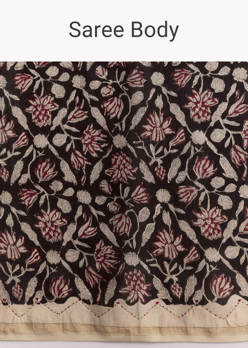 Black Linen Printed Saree With Heritage Floral Ajrakh Print