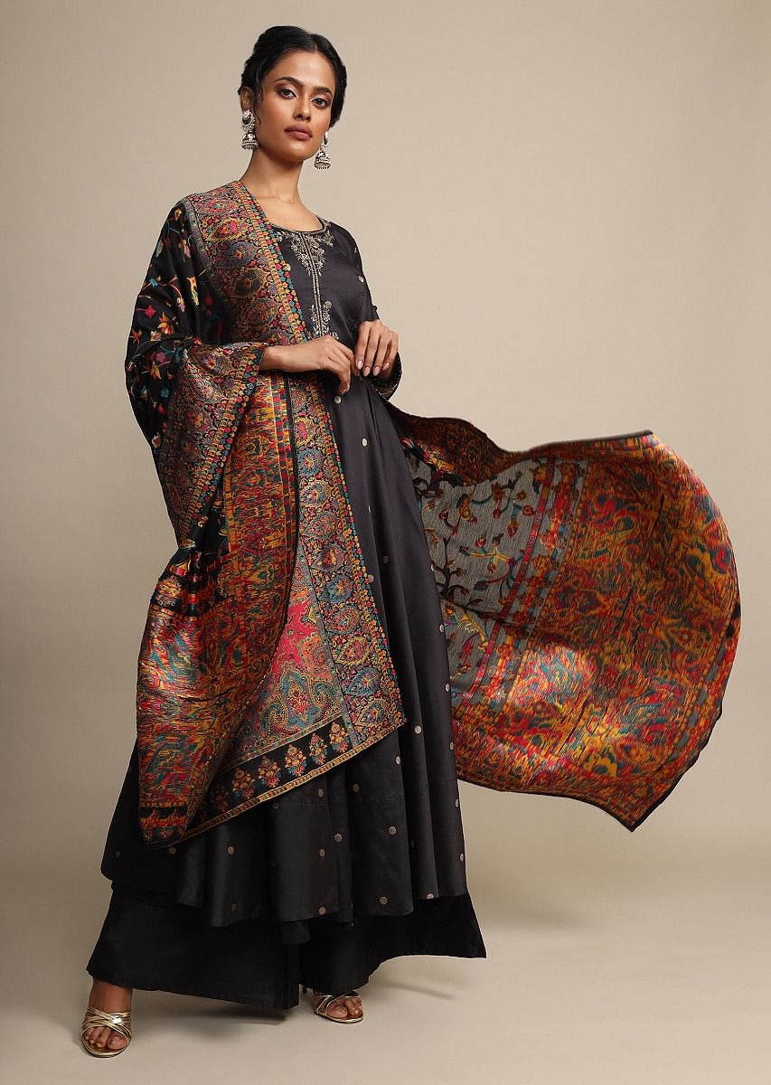 Buy Black Palazzo Suit With Weaved Buttis And Brocade Dupatta With Colorful Weave KALKI Fashion Global