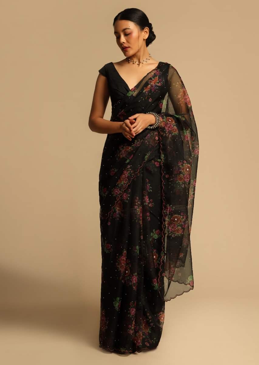 Black Organza Saree with Floral Print and Resham Border