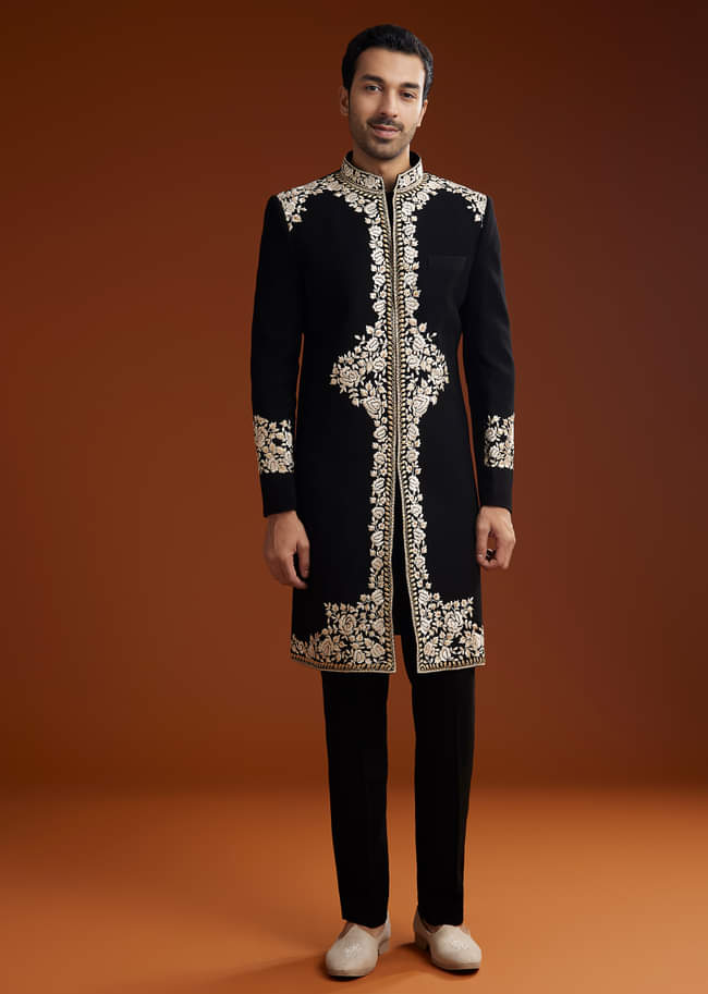 Black Suiting Indo Jacket Set With Floral Resham Embroidery