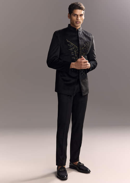 Black Velvet Jodhpuri Suit For Men With Cutdana Embroidery Black Velvet Jodhpuri Suit For Men With Cutdana Embroidery