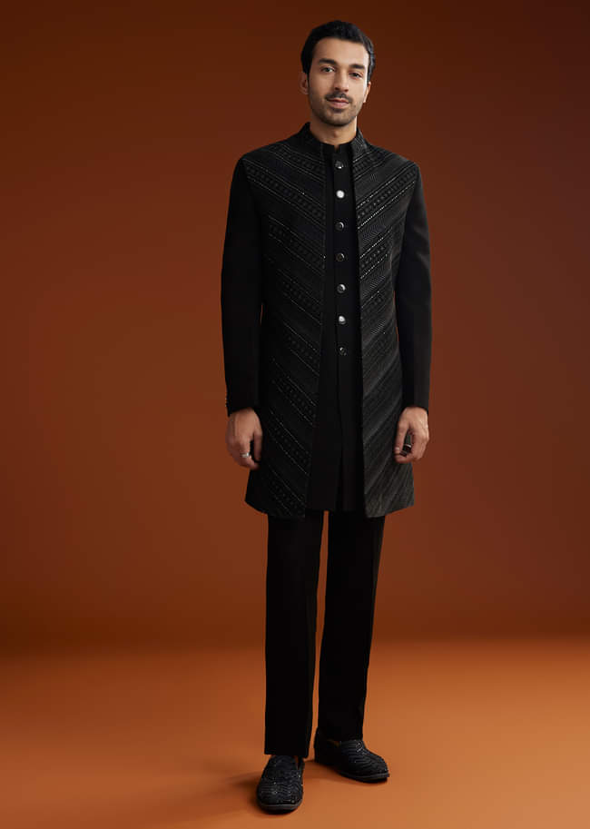 Black Velvet Open Indo Jacket Set With Embroidery