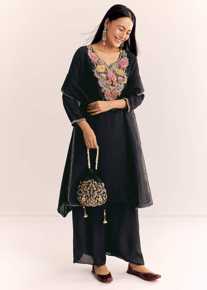 Black Zardosi Work Dola Silk Kurta Set With Organza Dupatta