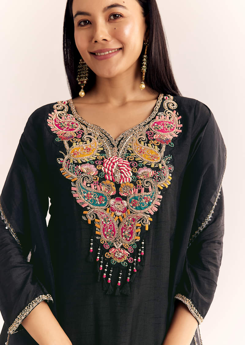 Black Zardosi Work Dola Silk Kurta Set With Organza Dupatta