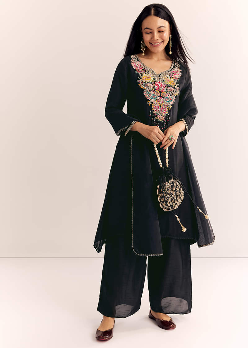 Black Zardosi Work Dola Silk Kurta Set With Organza Dupatta