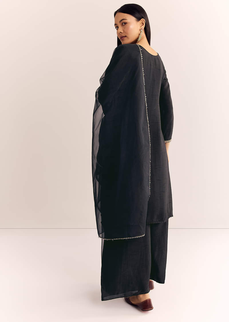 Black Zardosi Work Dola Silk Kurta Set With Organza Dupatta
