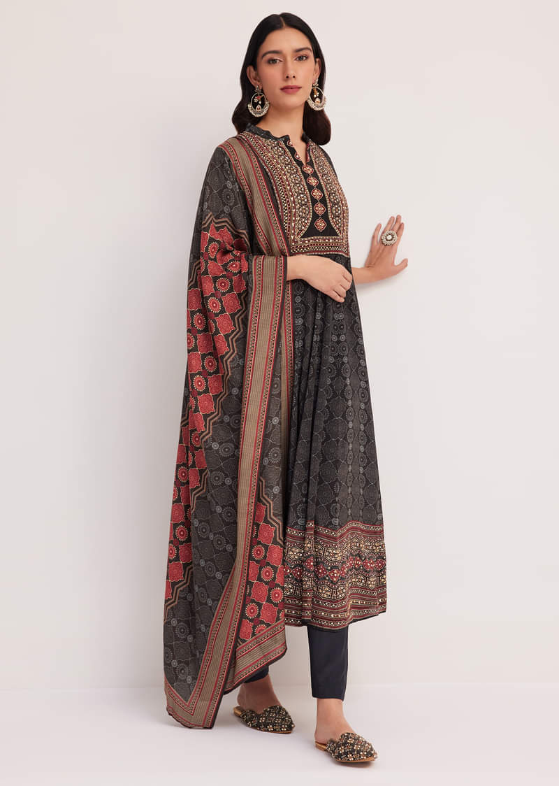 Black Ajrakh Printed Anarkali Set With Dupatta
