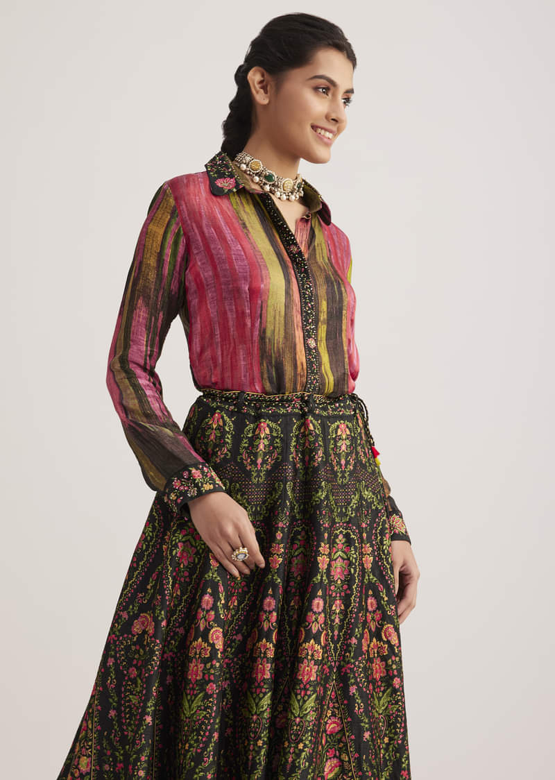 Black And Pink Silk Shirt And Skirt Set