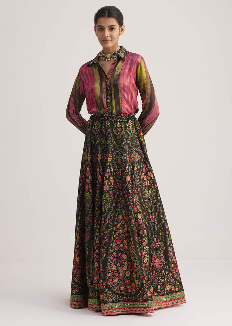 Black And Pink Silk Shirt And Skirt Set