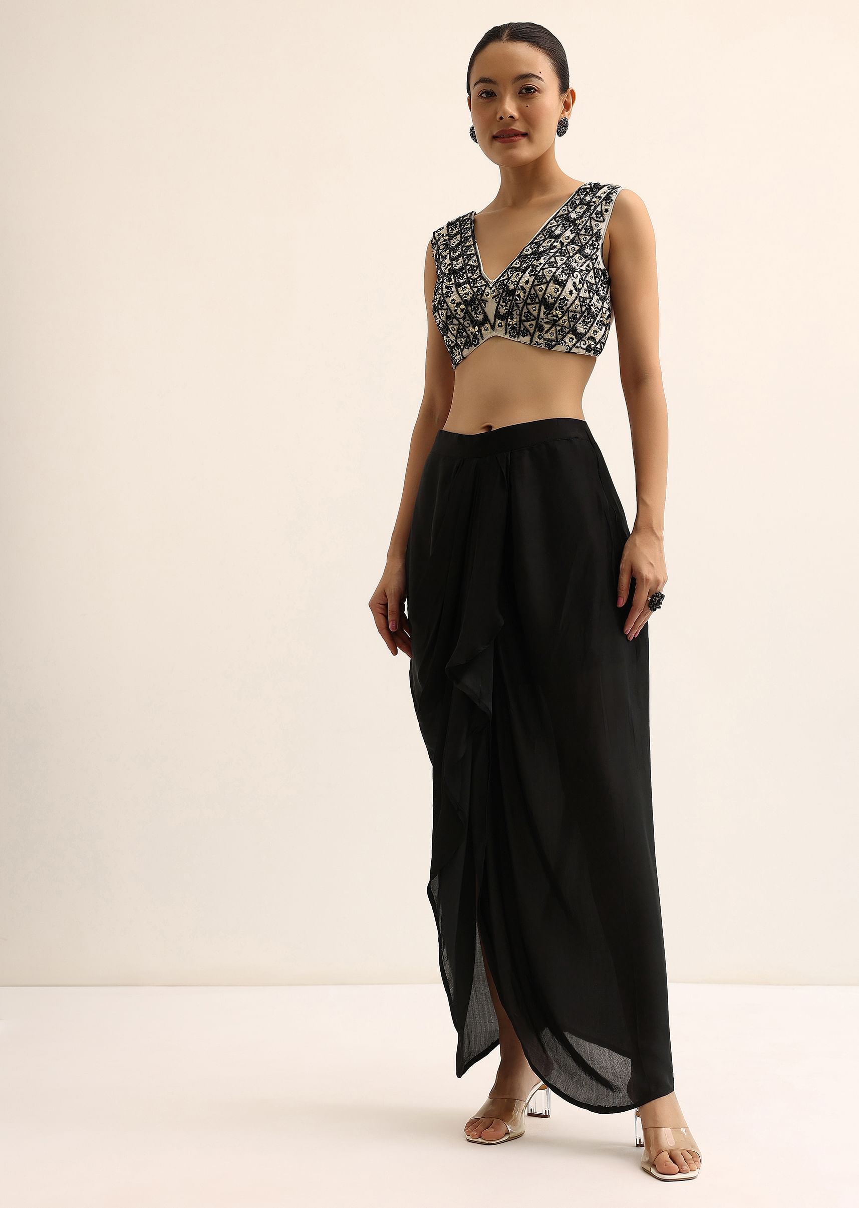 Buy Black And White Crop Top And Skirt Set KALKI Fashion Global