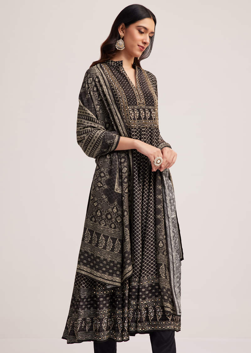Black Bagru Printed Anarkali Set With Dupatta