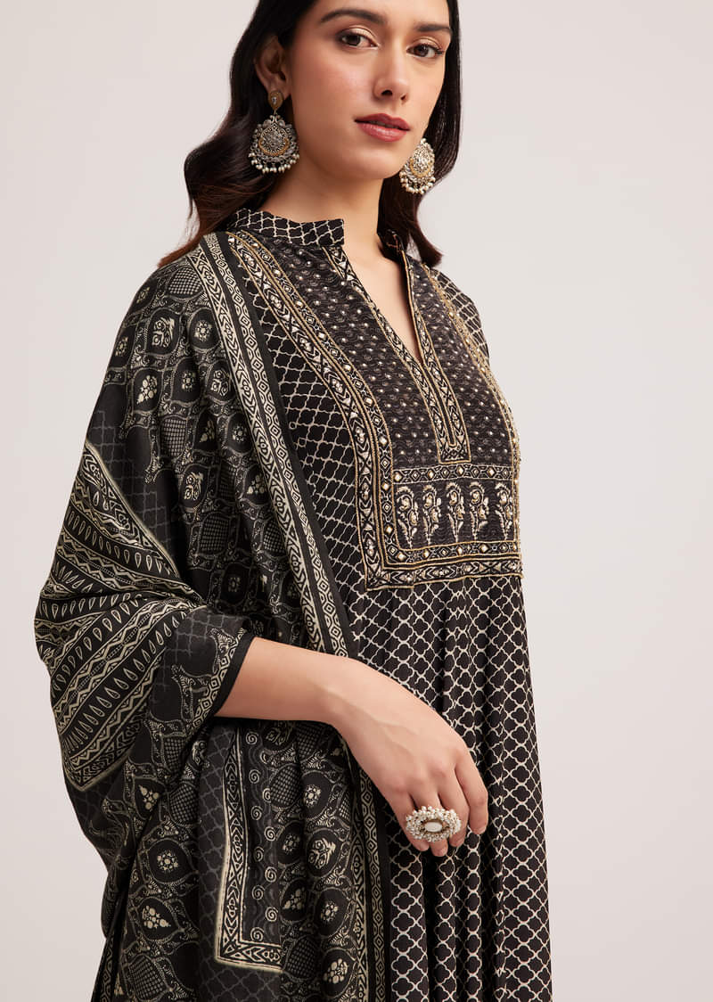 Black Bagru Printed Anarkali Set With Dupatta