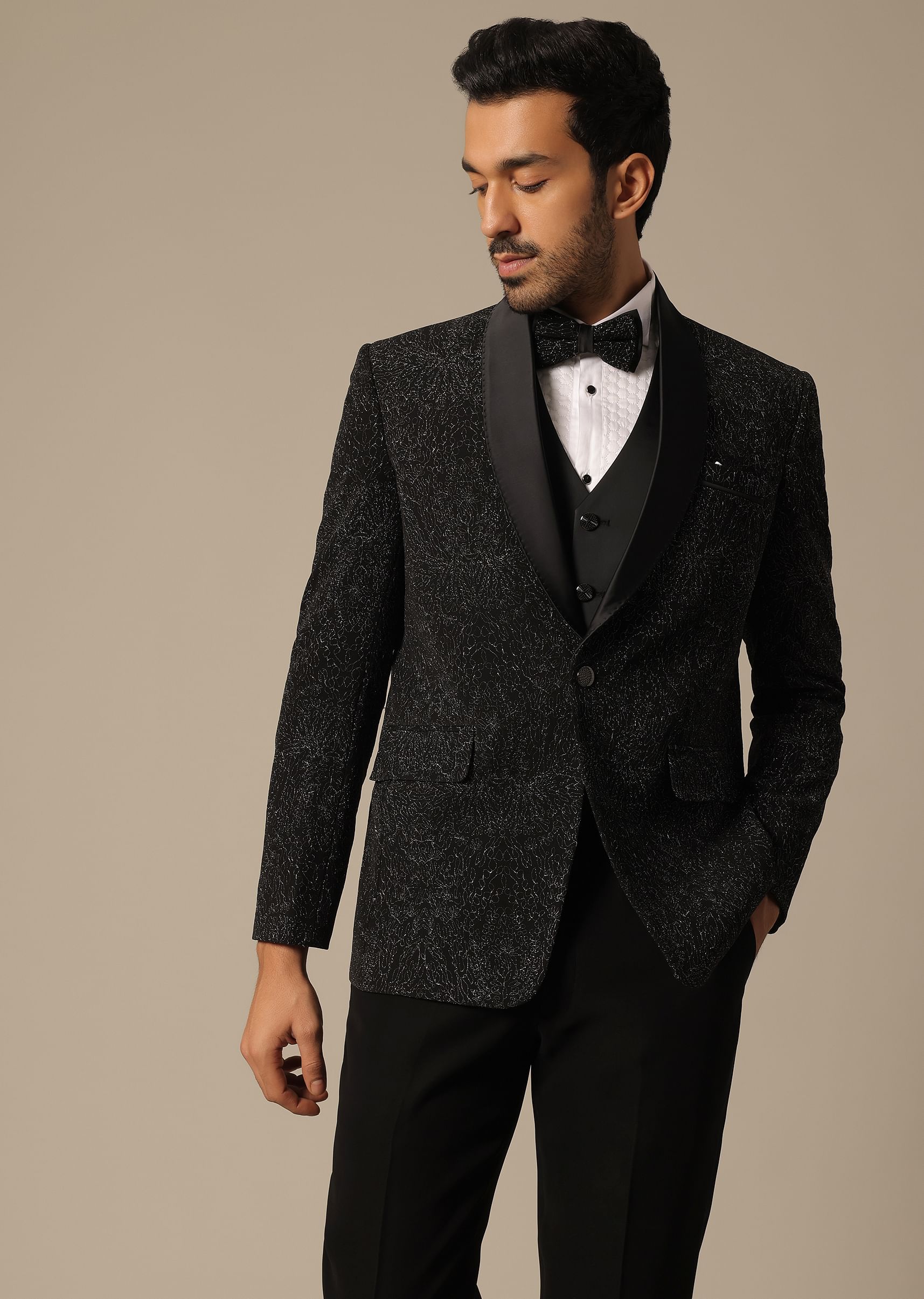 Buy Black Blazer Set With Cutwork Detail KALKI Fashion Global