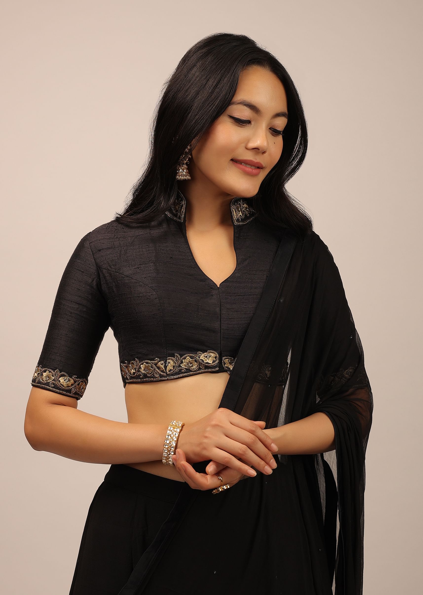 Buy Black Blouse In Raw Silk With Resham And Cut Dana Embroidered Floral Motifs And Mandarin Collar Neckline KALKI Fashion India