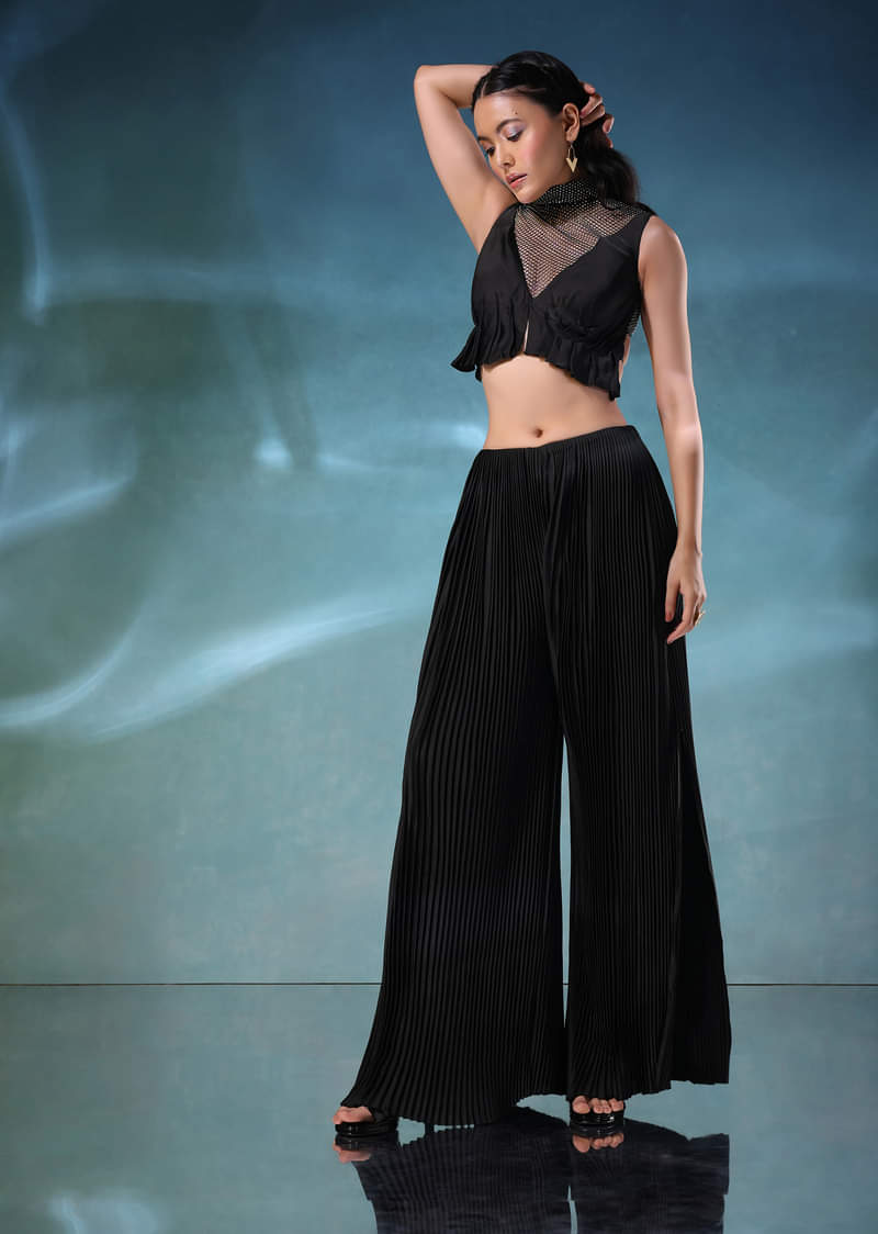 Black Butterfly Mesh Blouse And Palazzo Set In Satin
