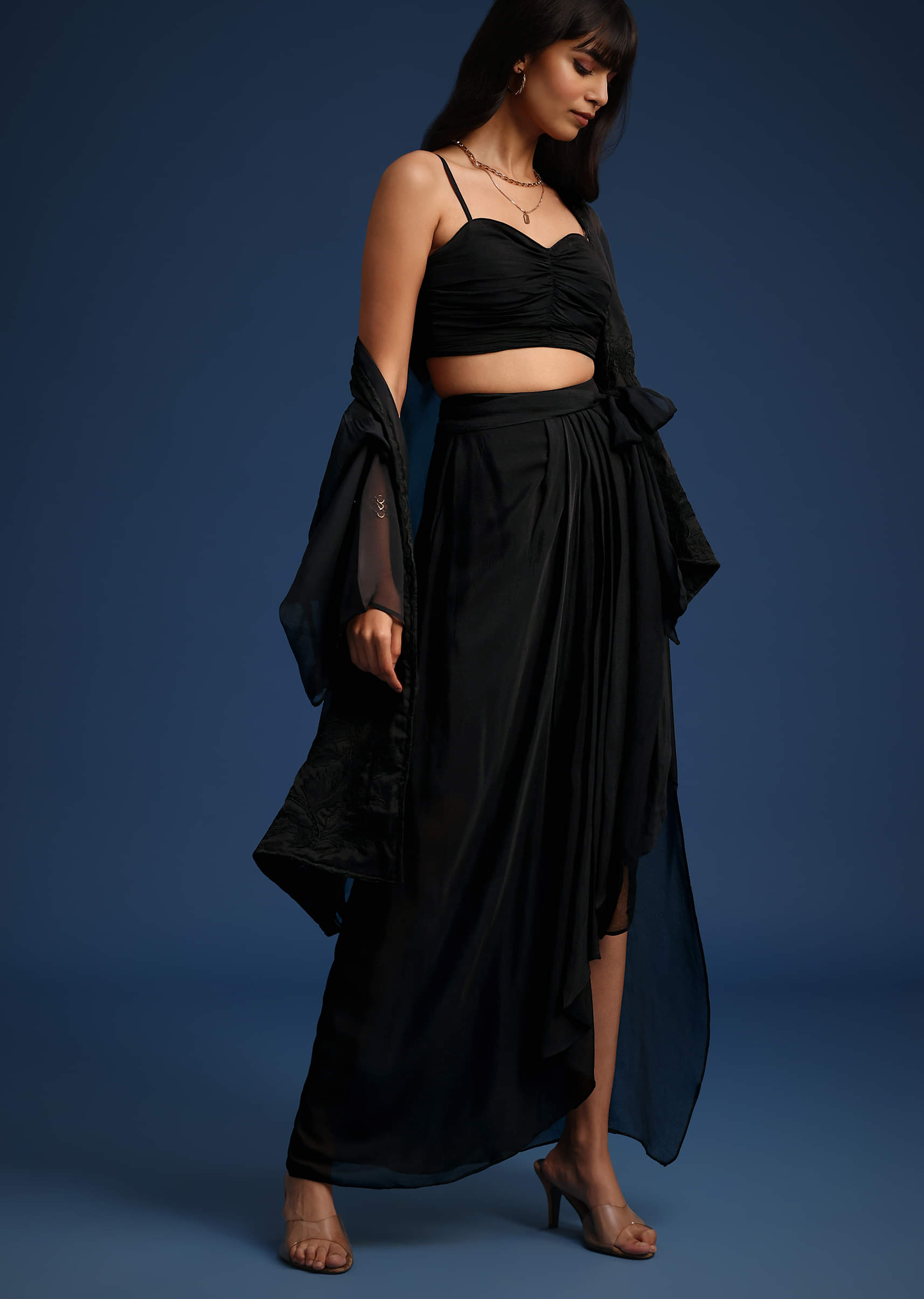 半額以下で買えるクーポン特集 Black Buy Chiffon Set Jacket And Skirt Asymmetrical Skirt