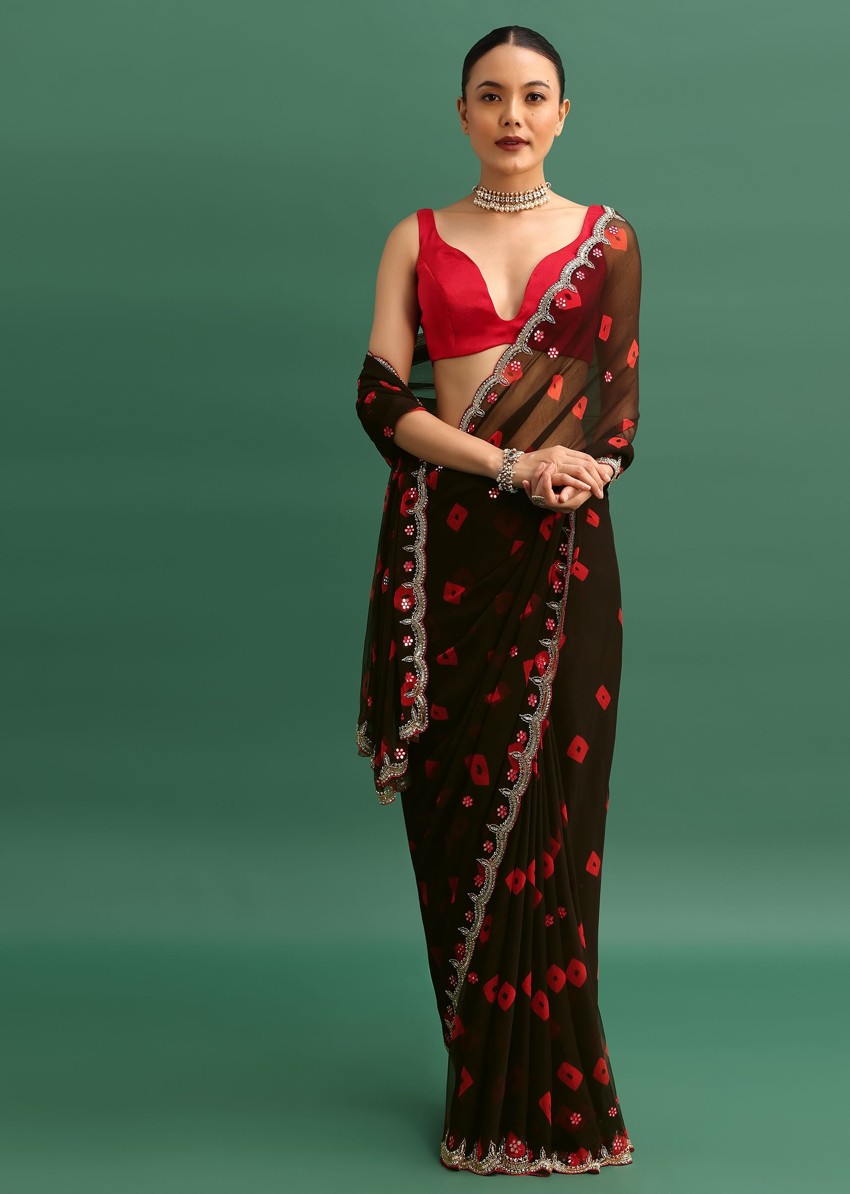 Buy Black Chiffon Bandhani Saree With Kundan Embroidered Border And  Unstitched Blouse | KALKI Fashion India