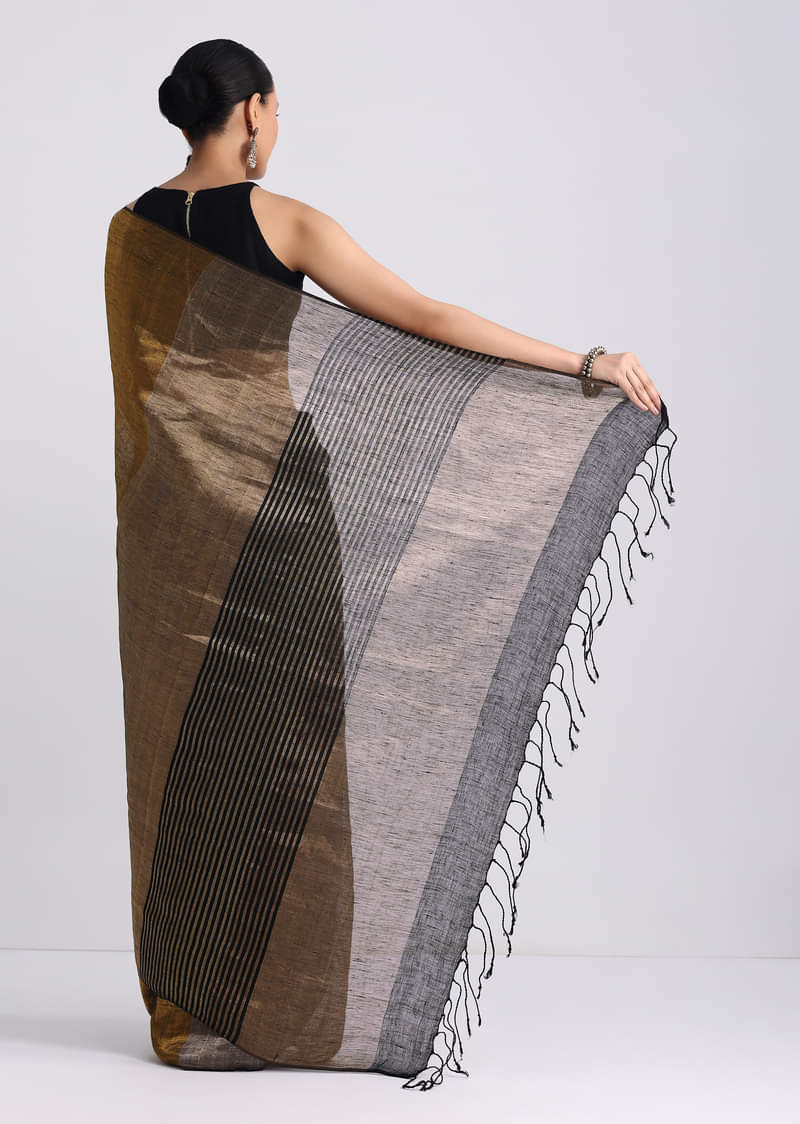 Black Color Block Linen Tissue Woven Saree