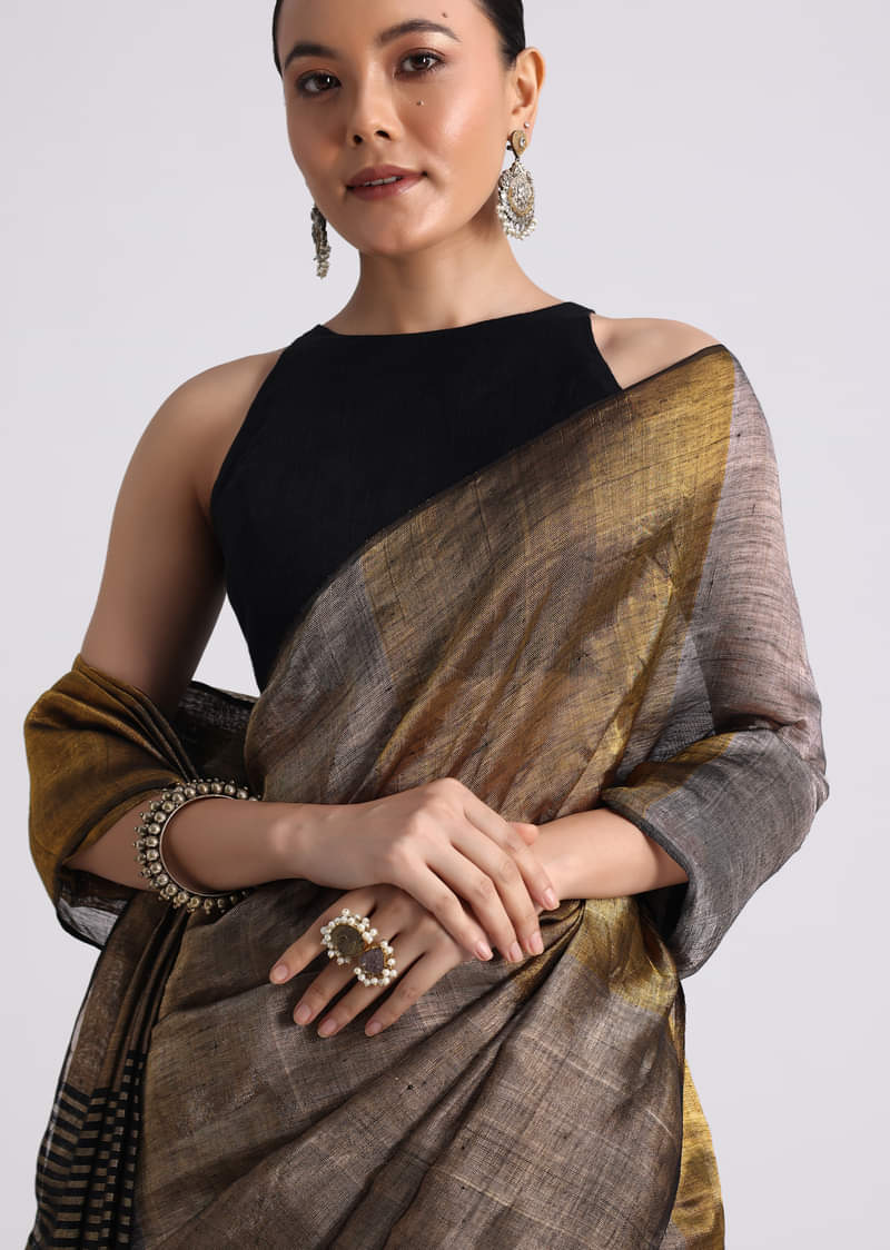 Black Color Block Linen Tissue Woven Saree