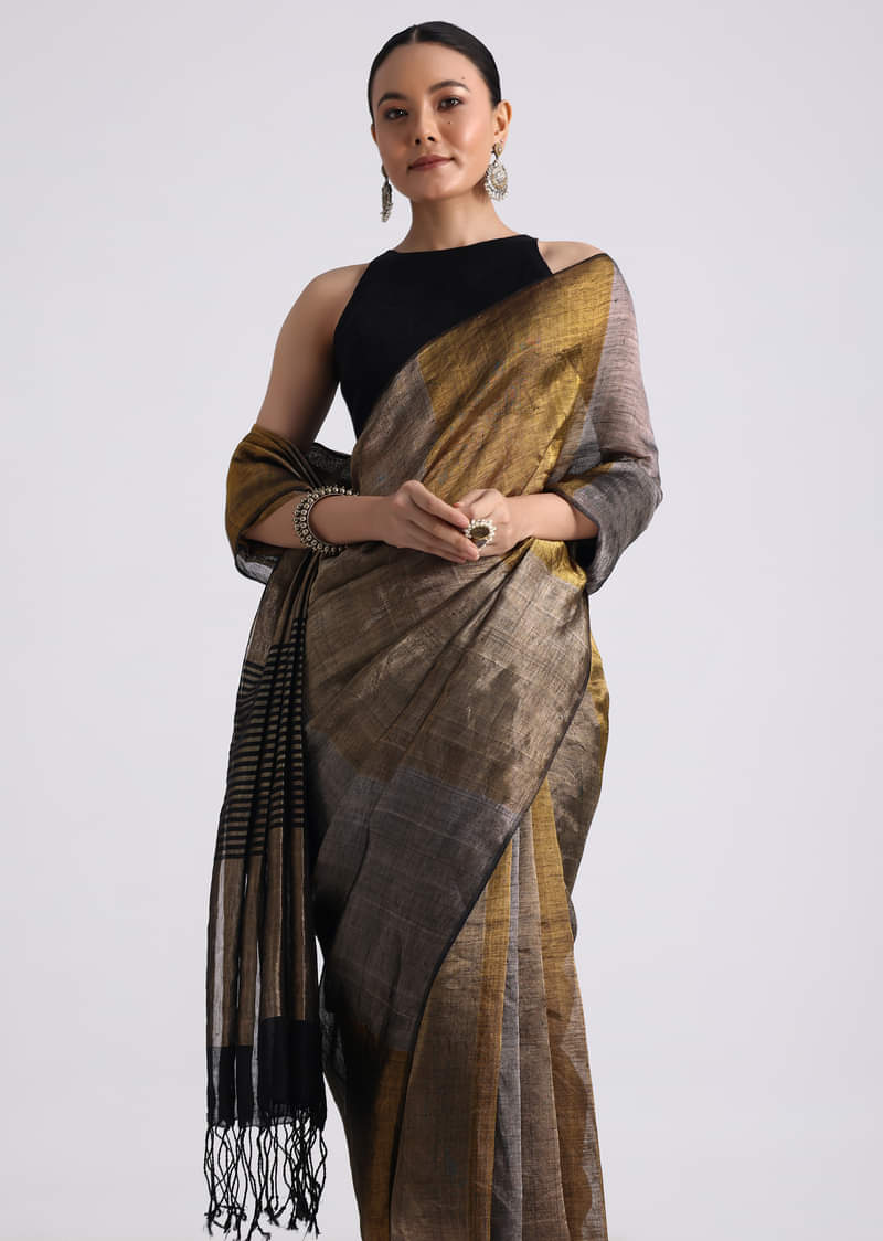 Black Color Block Linen Tissue Woven Saree
