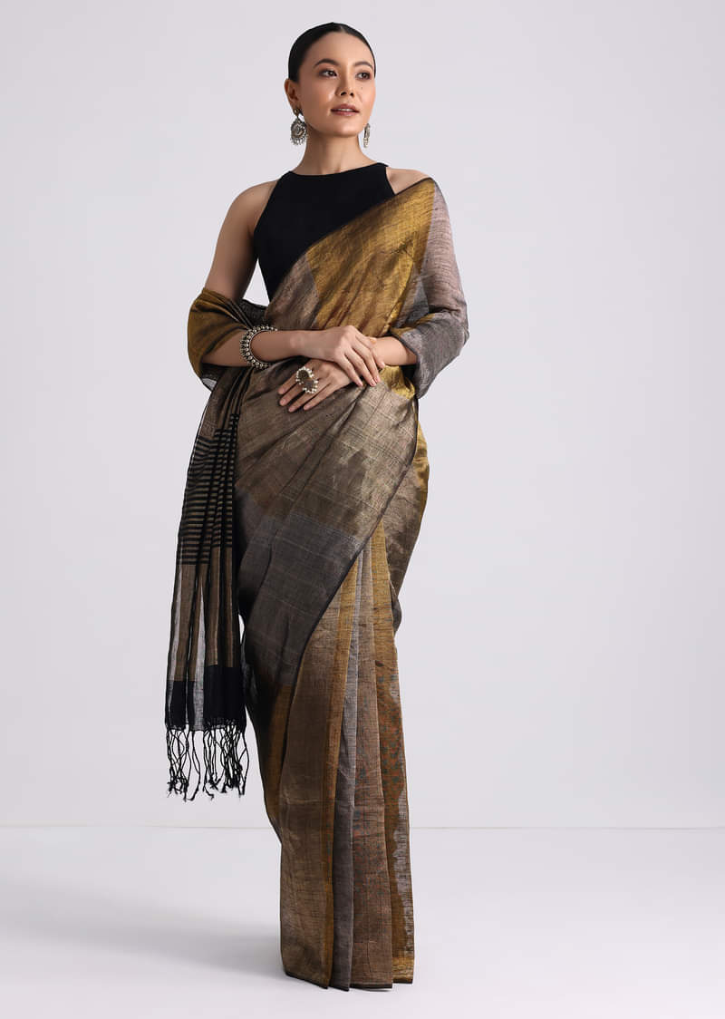 Black Color Block Linen Tissue Woven Saree