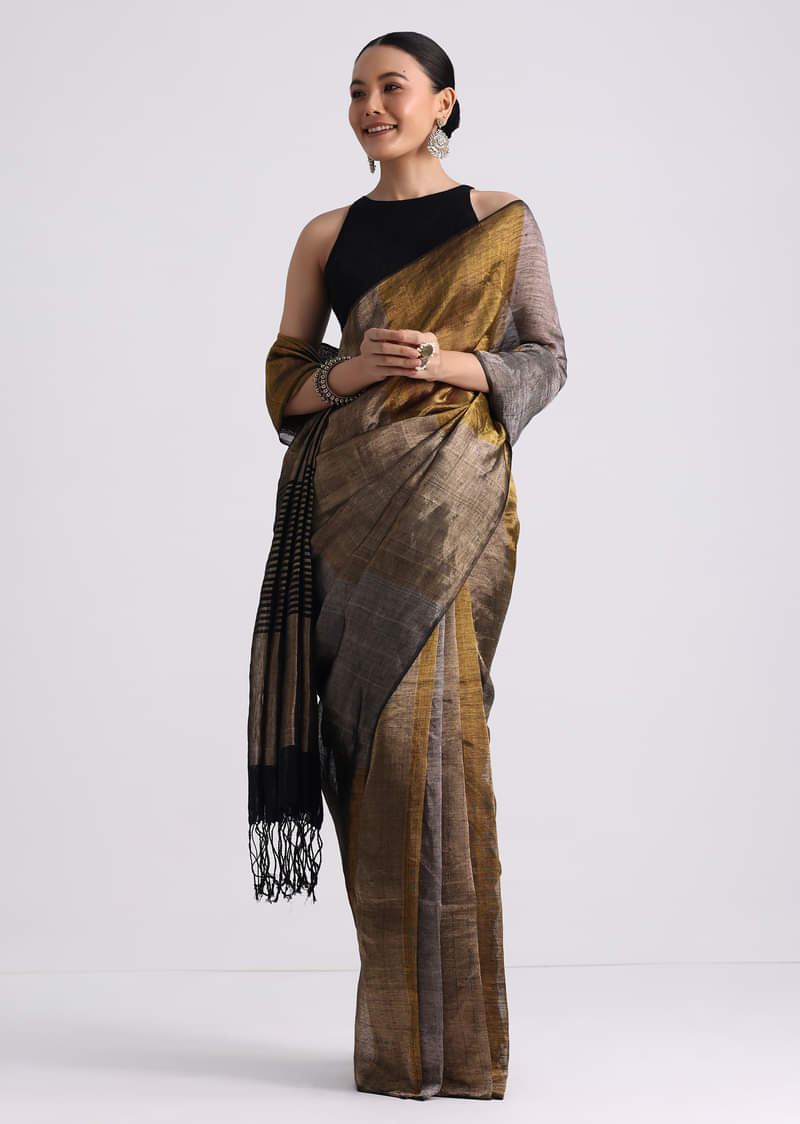 Black Color Block Linen Tissue Woven Saree