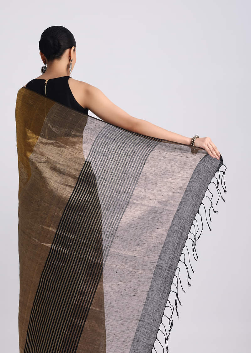 Black Color Block Linen Tissue Woven Saree
