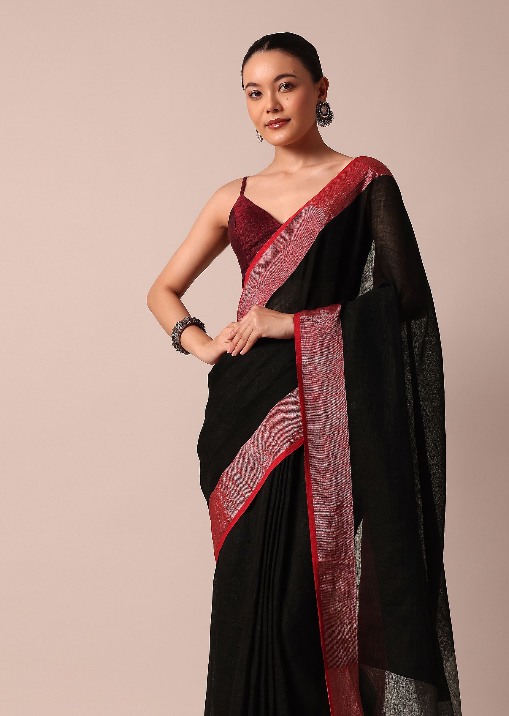 Buy Black Cotton Linen Saree With Contrast Border And Unstitched Blouse Piece