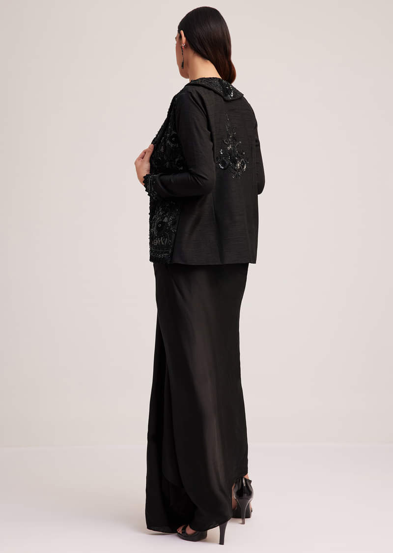 Black Crop Top Skirt And Embellished Jacket Set