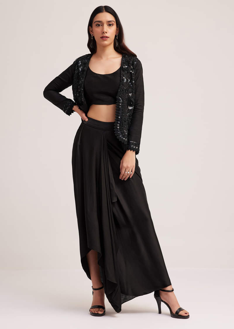 Black Crop Top Skirt And Embellished Jacket Set