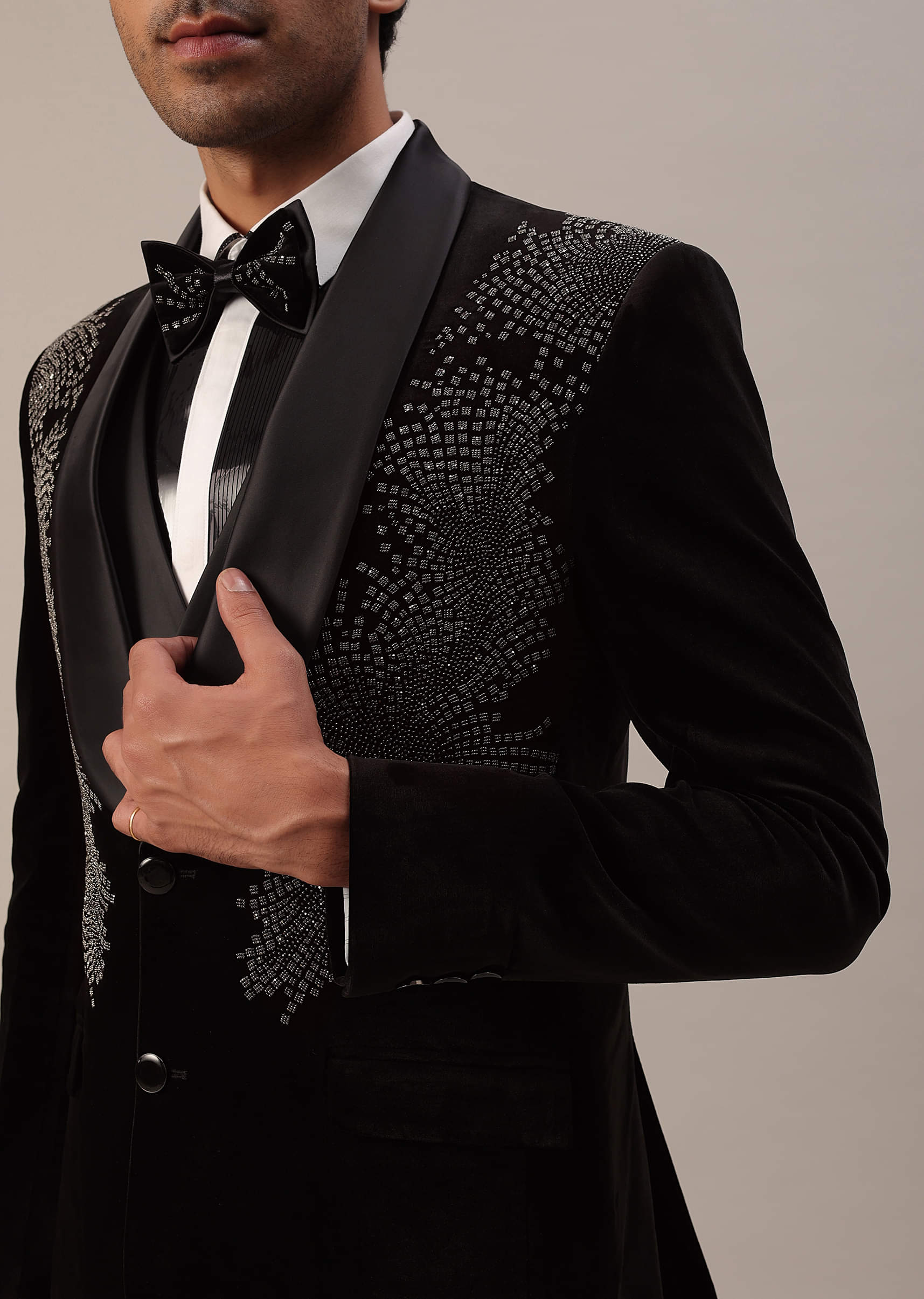 Buy Black Crystal Handwork Tuxedo Set In Velvet
