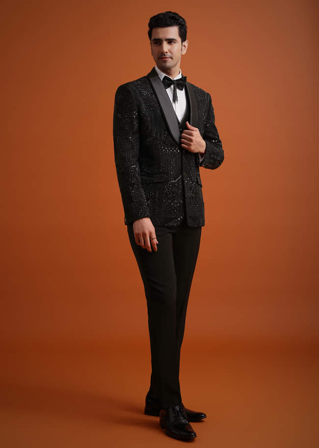 Black Cutwork Stone Embellished Tuxedo Set