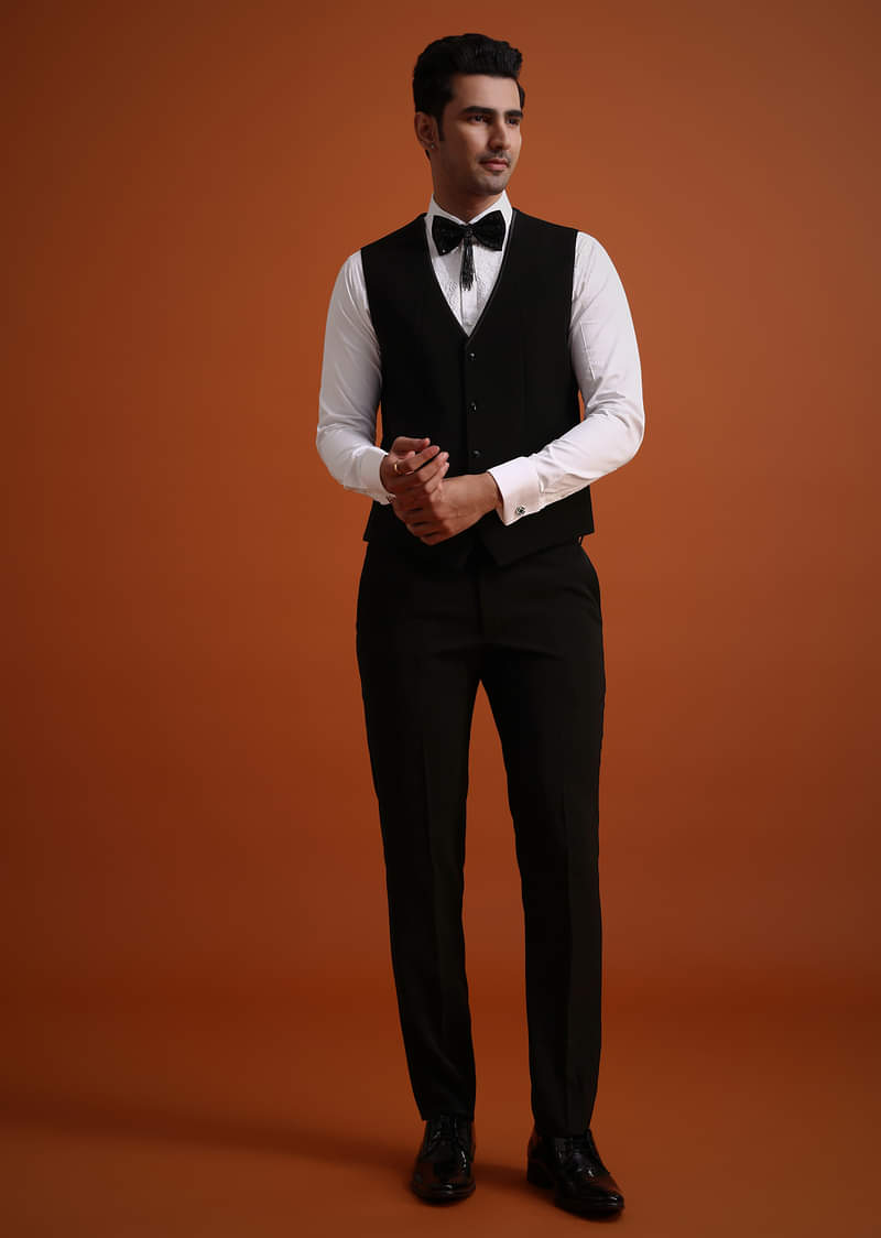 Buy Black Cutwork Stone Embellished Tuxedo Set | KALKI