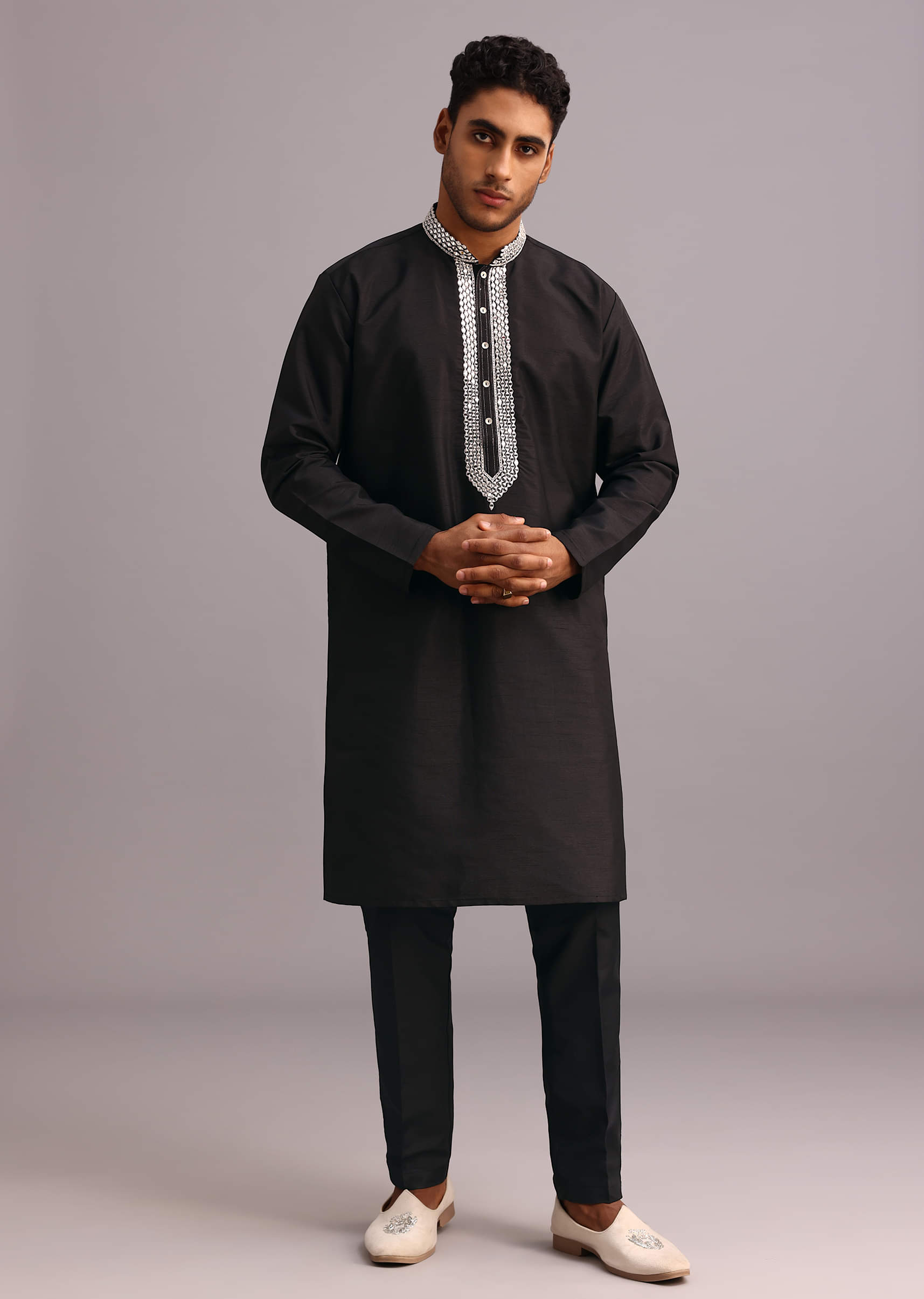 Buy Black Dola Silk Thread Embroidered Sherwani Set