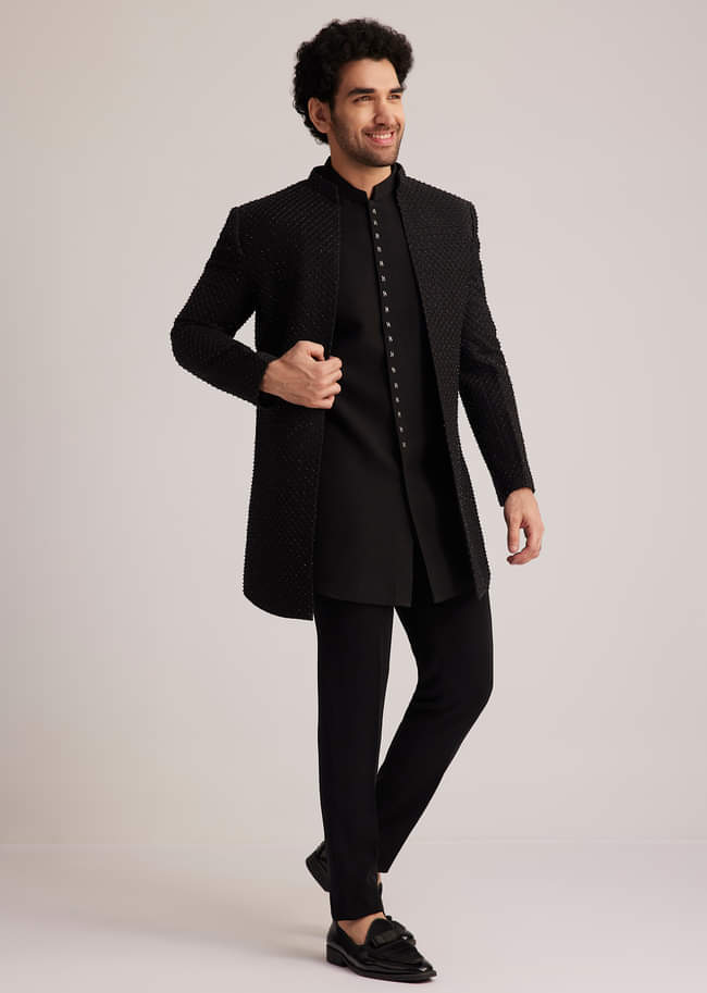 Black Open Jacket Set With Bead Embroidery