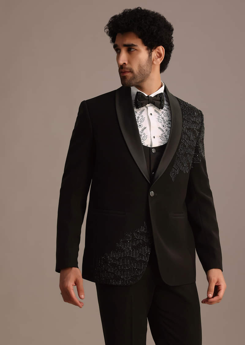 Homhous Men's Luxury Tuxedo Jacket with Rhinestone Applique