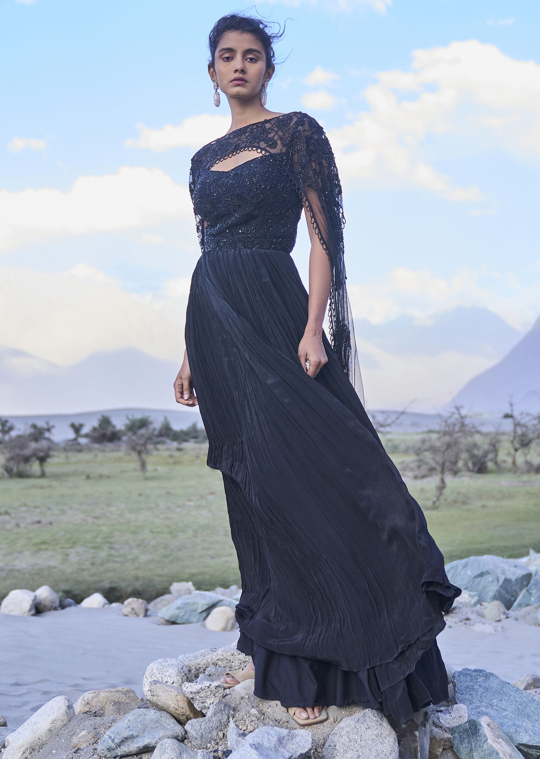 Buy Black Embroidered Crepe Rushed Gown With Cape KALKI Fashion Global
