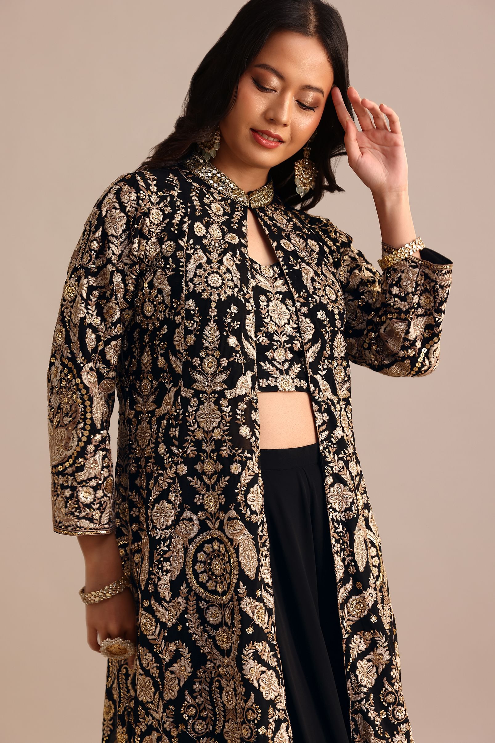 Buy Black Embroidered Georgette Palazzo Suit With Long Embroidered Jacket KALKI Fashion India