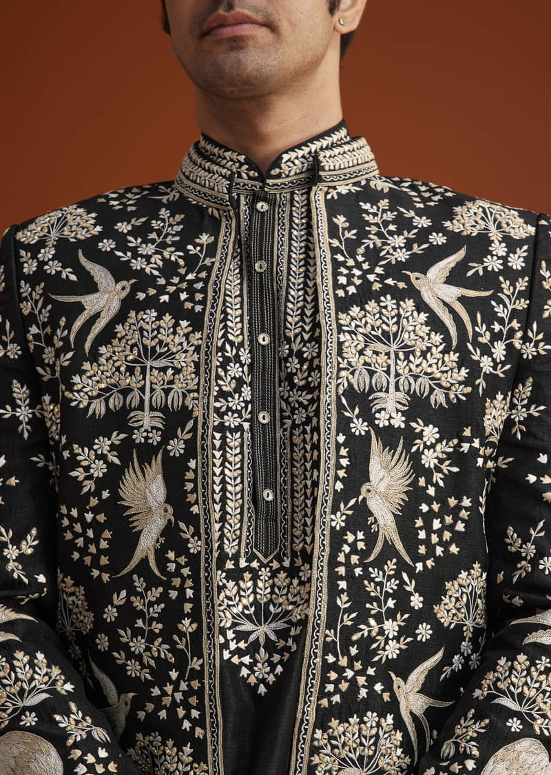 Black Embroidered Indo Western Sherwani Set