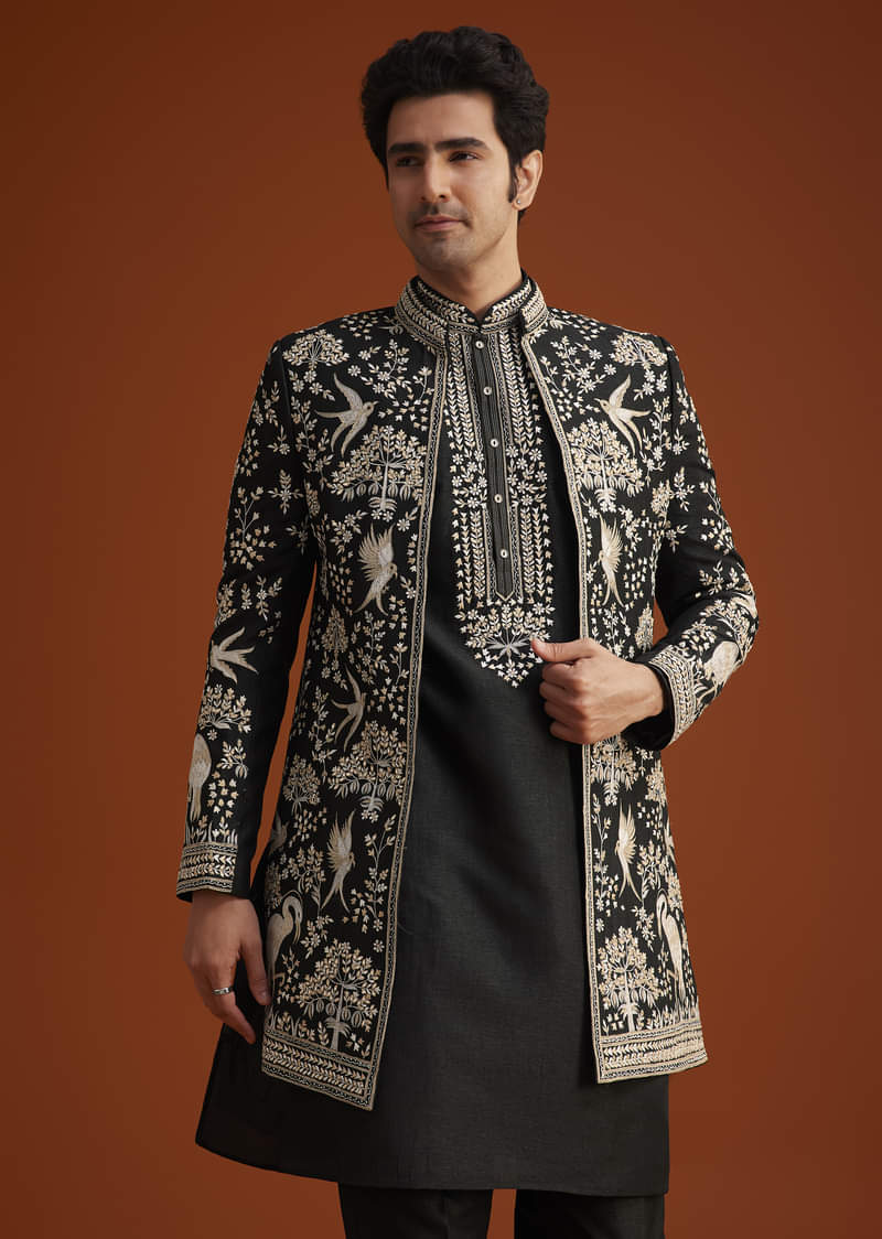 Black Embroidered Indo Western Sherwani Set