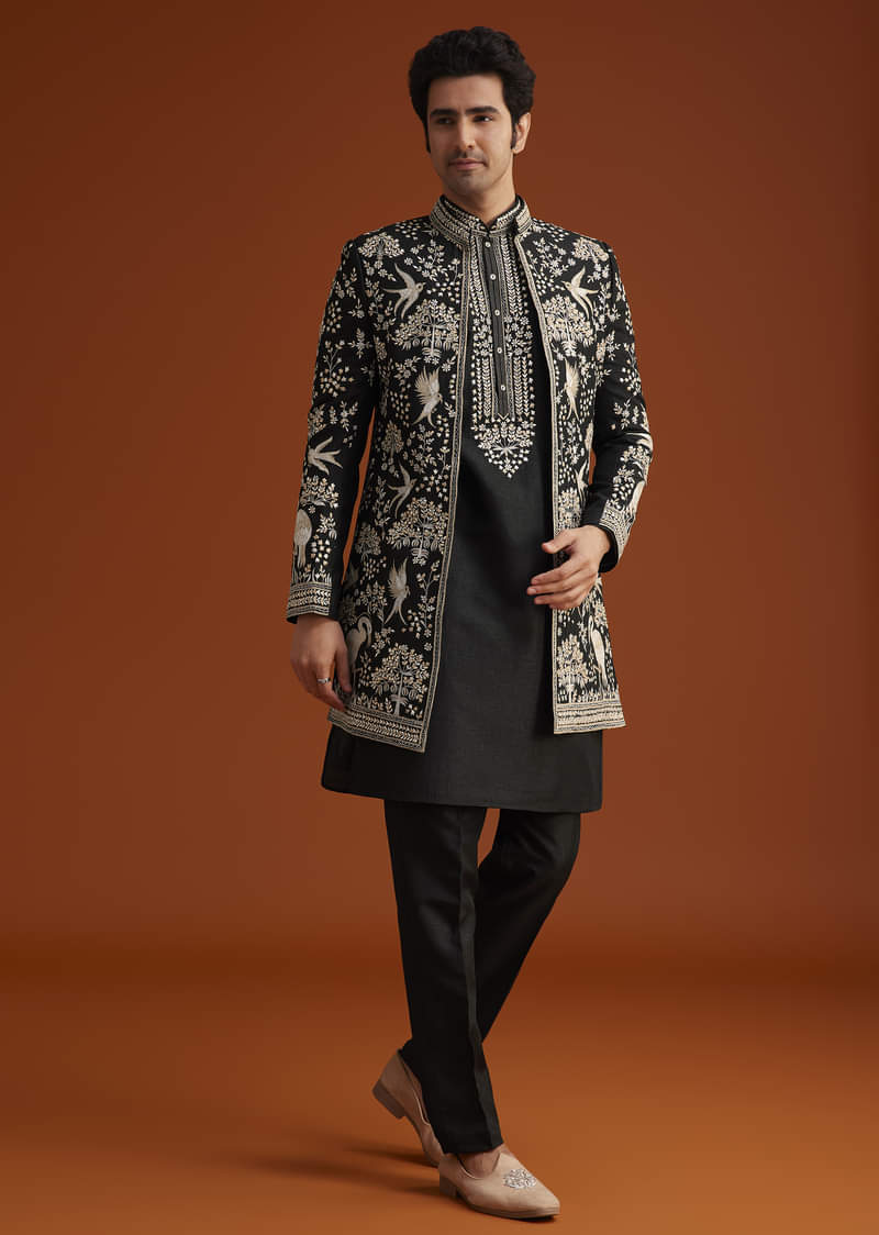 Black Embroidered Indo Western Sherwani Set