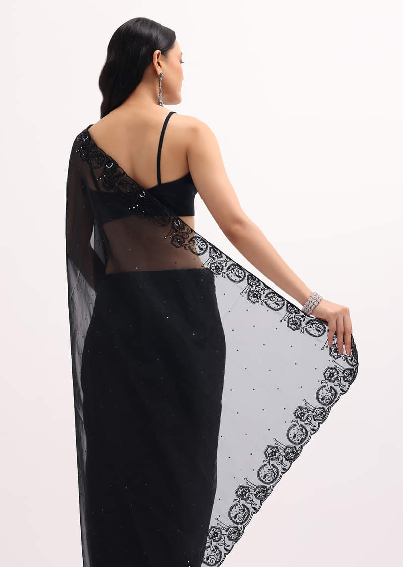 Black Embroidered Organza Saree With Unstitched Blouse