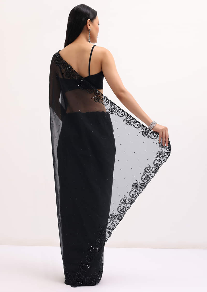 Black Embroidered Organza Saree With Unstitched Blouse
