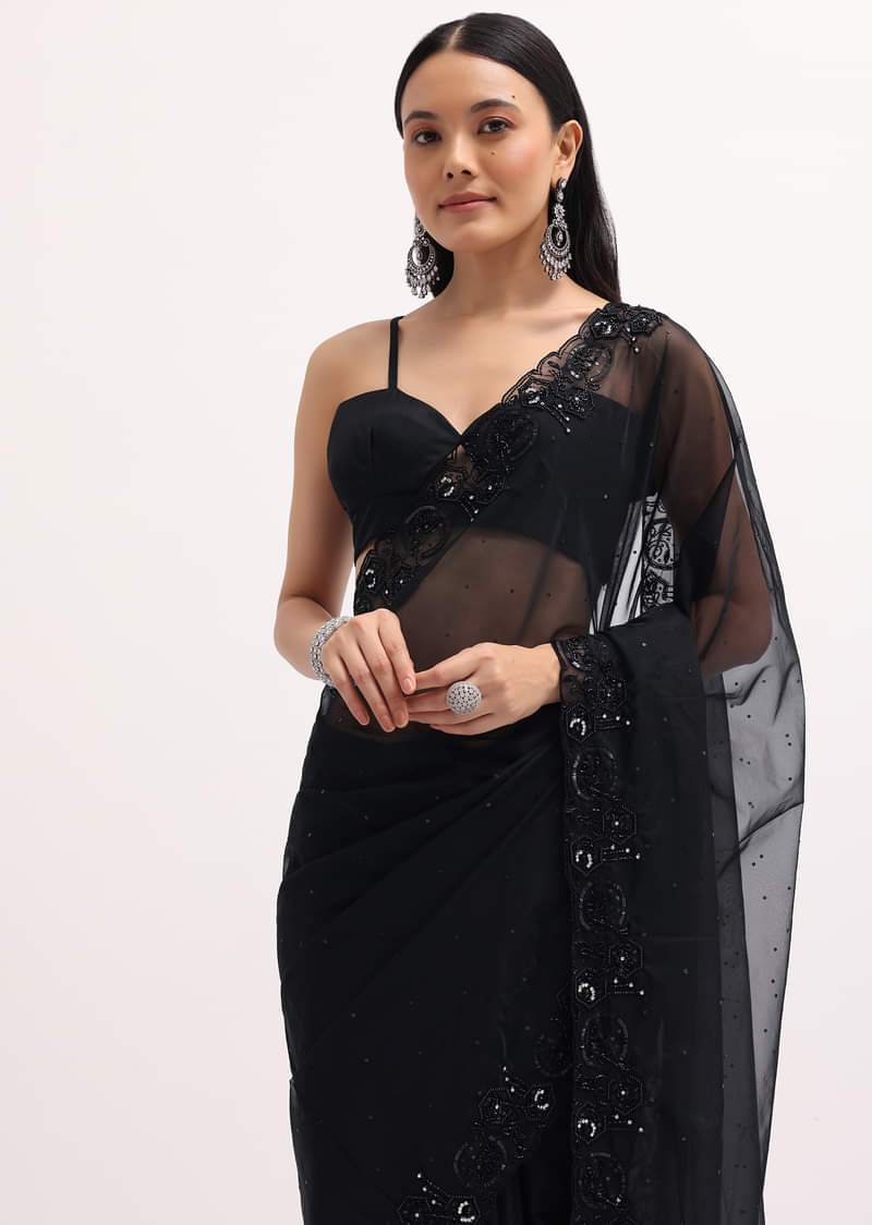 Black Embroidered Organza Saree With Unstitched Blouse