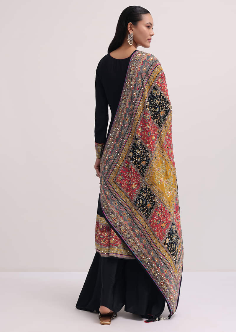 Black Embroidered Satin Kurta Palazzo Set