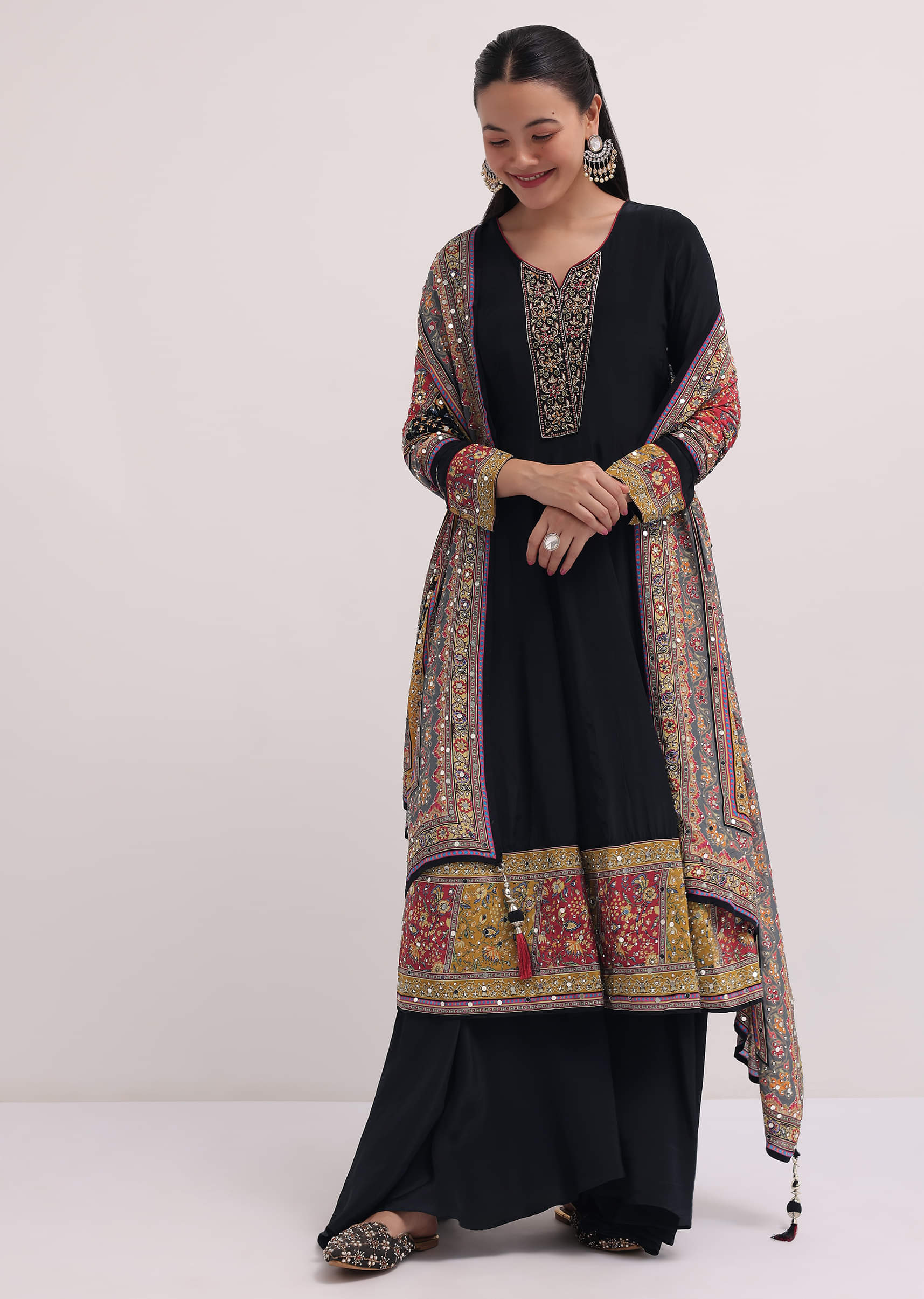 Buy Black Embroidered Satin Kurta Palazzo Set