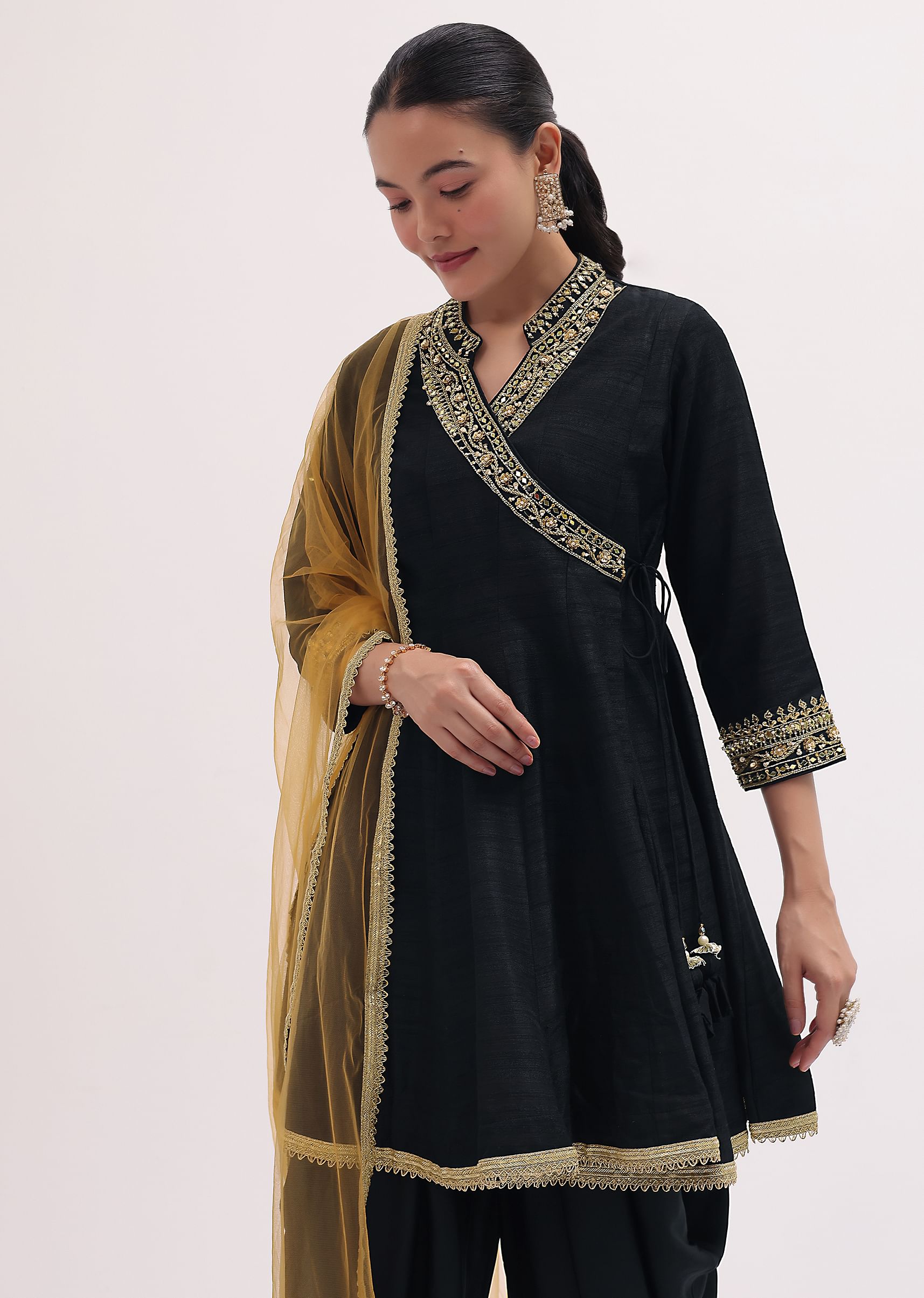 Buy Black Embroidered Tussar Kurta Dhoti Set